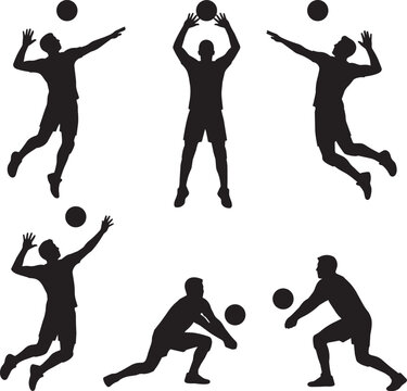 Volleyball player silhouettes set, male athletes jumping and spiking in action, black vector sports figures collection for tournament posters