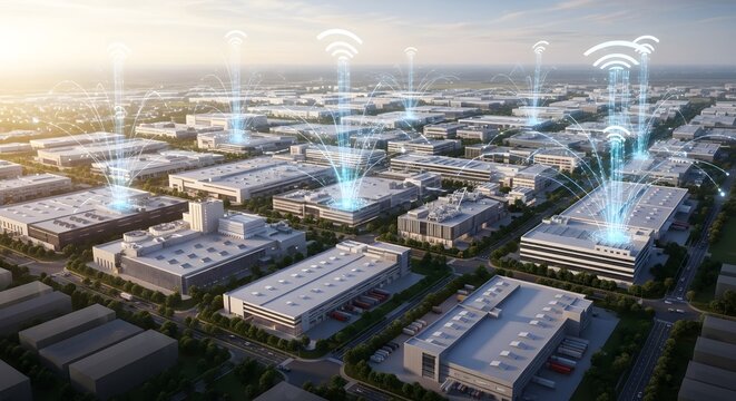 Aerial View Of Smart Industrial City With Wireless Network Connection And Future Technology Symbols