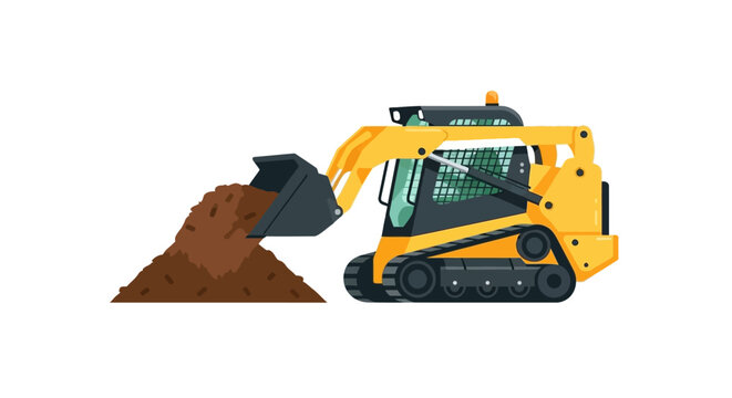 Yellow Compact Track Loader Vector Illustration Moving Soil Pile Isolated on White Background