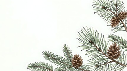 Fototapeta premium Winter holiday frame with evergreen pine branches and natural brown pinecones on clean white background for seasonal greeting cards and festive designs.