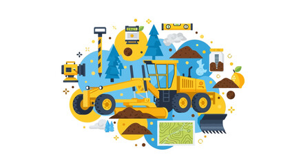 Naklejka premium Motor Grader and Land Surveying Equipment Illustration for Civil Engineering and Road Construction