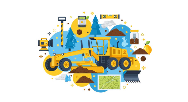 Motor Grader and Land Surveying Equipment Illustration for Civil Engineering and Road Construction