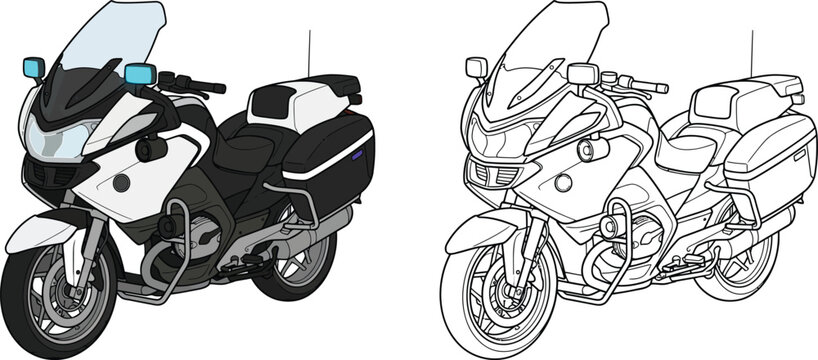 Police motorcycle illustration white and black patrol bike with siren lights and storage isolated on white background for law enforcement concepts