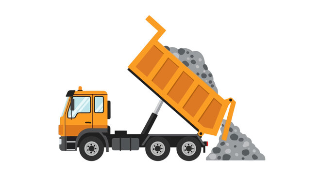 Orange Dump Truck Unloading Gravel Vector Illustration Isolated on White Background for Construction and Logistics Industry