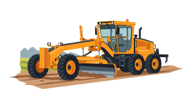 Modern Yellow Motor Grader Vector Illustration, Heavy Equipment for Road Construction and Infrastructure Site Preparation