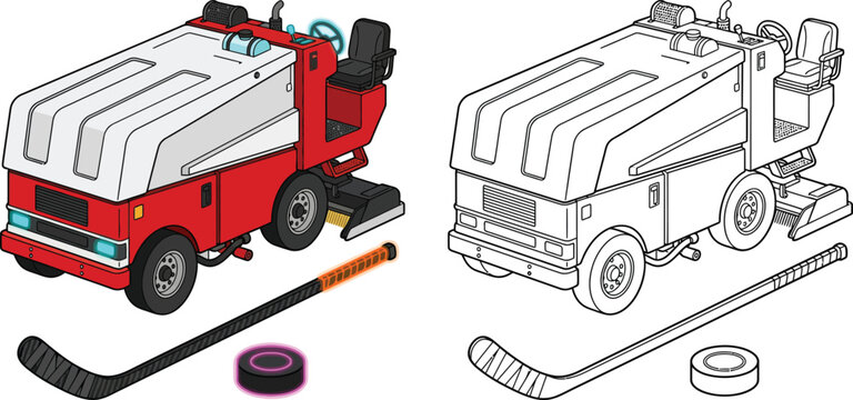 Ice resurfacer machine with hockey stick and puck vector illustration for sports and recreation isolated on white