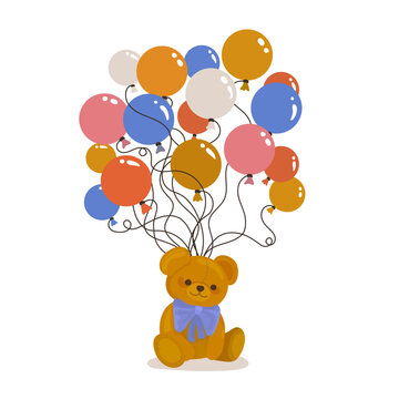 Teddy bear with colorful balloons illustration. Cute plush toy sitting with a big bunch of helium air balls.
