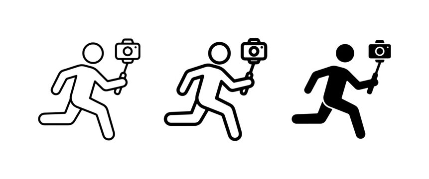 Running Figure with Selfie Stick, Action Camera Icon Set