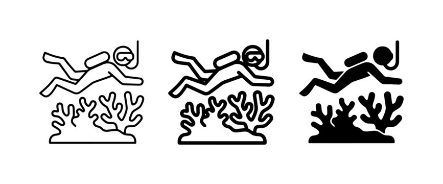 Scuba Diver Icons, Underwater Coral Reef, Diving Activity Symbols