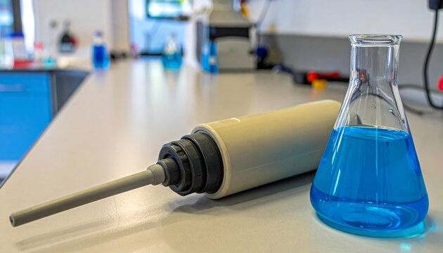 Plastic stirring rod and blue liquid in laboratory beaker