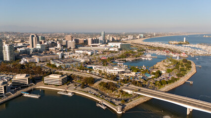 Fototapeta premium Aerial view of Long Beach California downtown waterfront and bridge