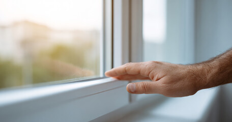 Naklejka premium Hand touching window glass indoors