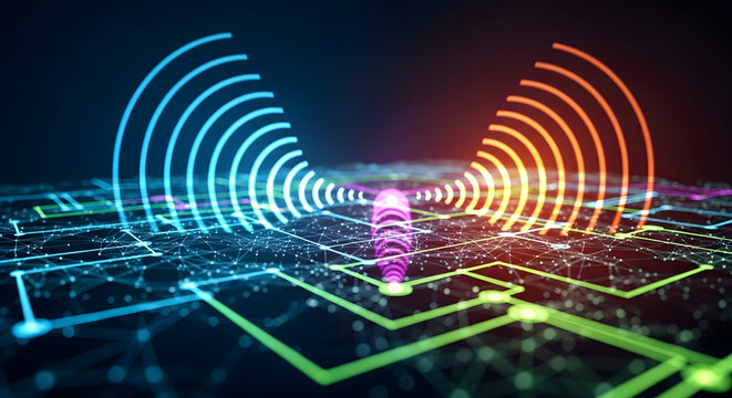 Digital communication waves and frequency signals radiating from a central network processor node on a dark circuit background.