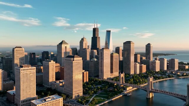 Majestic urban skyline bathed in golden hour sunlight showcasing towering architectural marvels and a picturesque bridge spanning a serene waterfront, evoking a sense of metropolitan grandeur