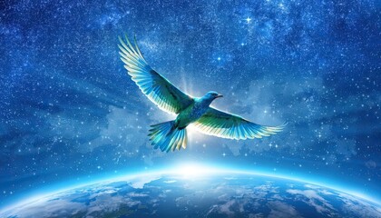 Fototapeta premium Dove flying over glowing earth against starry night sky with galaxy universe ethereal spirituality astronomy