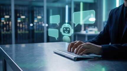 Fototapeta premium AI chatbot assistant and customer support concept, 3D render of human hands typing on keyboard with glowing digital robot icon in data center.