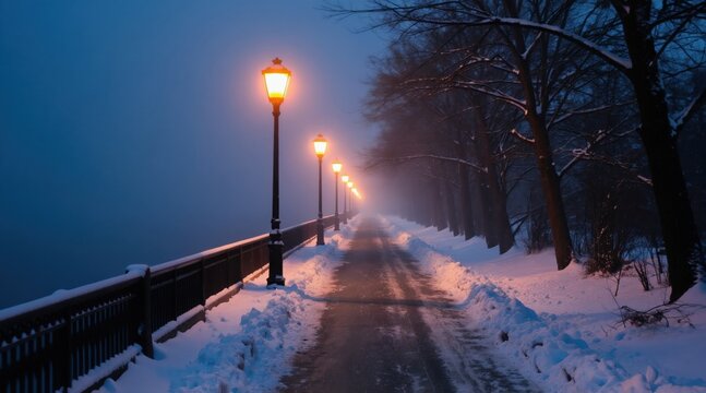 Snowy pathway illuminated by street lamps at dusk with dense fog. Bare trees line one side of the path leading to a tranquil winter scene. Dark blue sky and ambient light create a peaceful atmosphere.