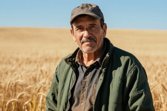 Middle aged male farmer stands in a wheat field under a clear blue sky. He wears a cap and jacket, looking towards the camera with a weathered face. The golden crop surrounds him.