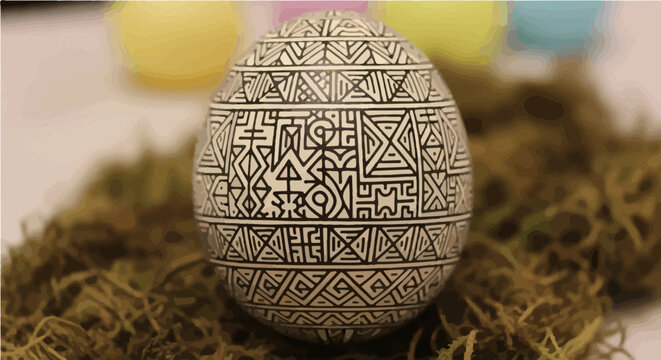 Easter egg with intricate black and white geometric patterns, nestled in moss with blurred pastel eggs in the background