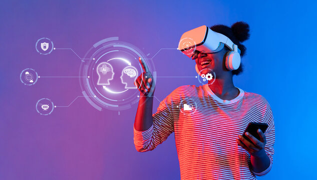 A joyful young woman interacts with virtual reality technology while exploring artificial intelligence concepts, showcasing a vibrant and engaging digital experience at home. XDMCP