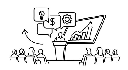 Naklejka premium Business presentation with speaker, audience, and growth chart icons