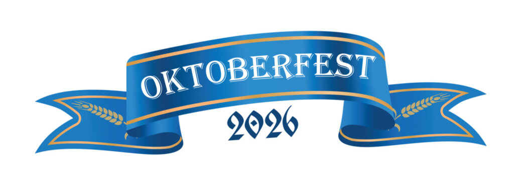 Oktoberfest ribbon banner. Blue banner with text Oktoberfest 2026. Blue ribbon with the inscription Oktoberfest on a white background. German Culture. Realistic vector illustration blue ribbon banner