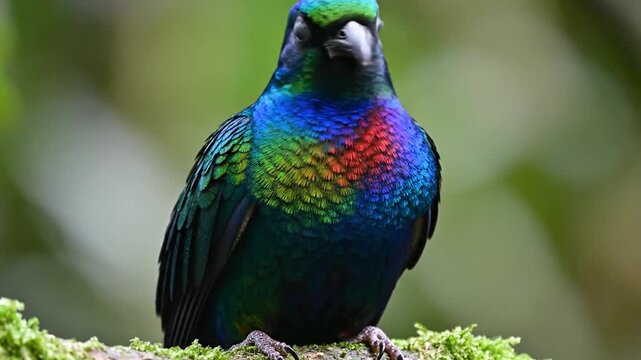 Iridescent Bird Perched on Mossy Branch in Forest