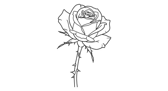 Handdrawn sketch of a single rose flower with thorns on the stem