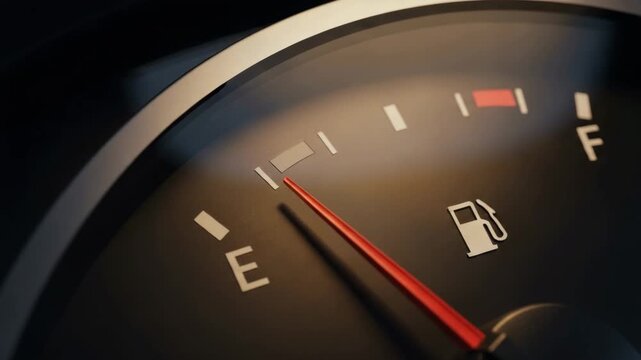 Fuel Gauge Close-Up: A detailed close-up of a car's fuel gauge showing the needle nearing empty, indicating low fuel level and the need for refueling.