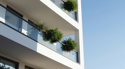 Fototapeta premium Modern apartment building exterior with balconies. White structure features glass railings and green potted plants. Clear blue sky forms background.