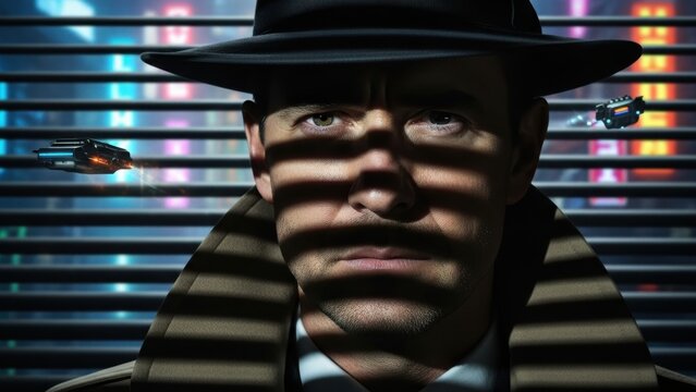 A detective in a fedora with shadows from blinds and flying cars outside.