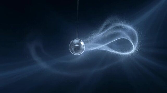 A mesmerizing image depicts a glass sphere suspended by a string, leaving a luminous trail of particles that swirl and dance in a dark, ethereal space, evoking a sense of motion and wonder.