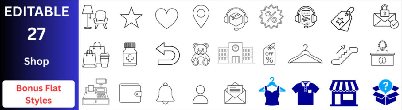 Ecommerce shopping icon set. Outline icon set and bonus flat icon. retail, customer support, discount tags, online store, wallet payment, delivery service, fashion apparel icons