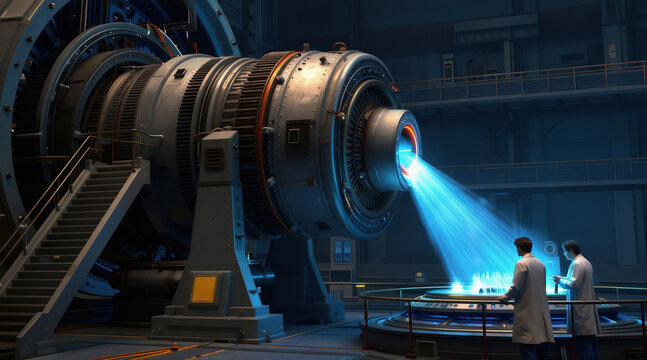 Scientists observe energy beam from large reactor device. Researchers in lab coats study futuristic machine emitting blue light. Advanced tech experiment in clean industrial room.