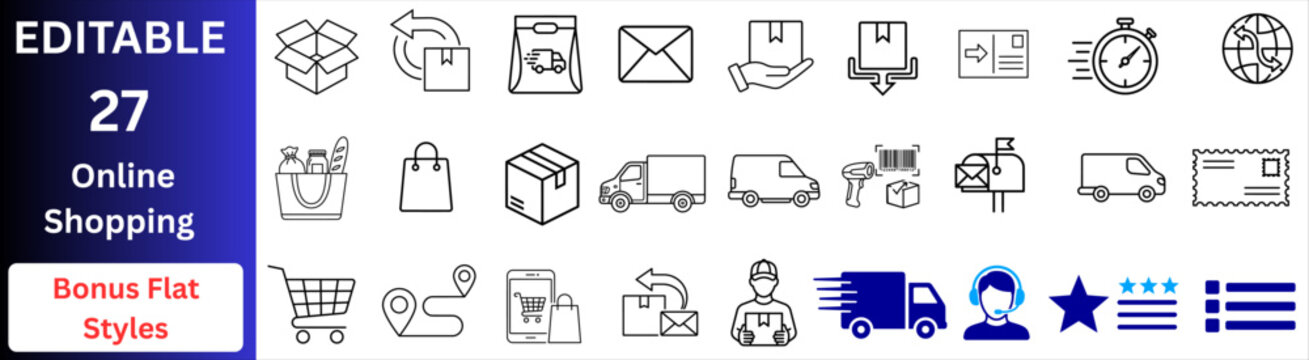 Digital shopping icon set. Outline icon set with bonus flat icon.  ecommerce delivery, shipping truck, package tracking, online payment, customer service, postal mail