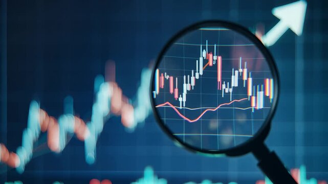 Cinematic close-up magnifying glass examining dynamic stock market candlestick chart data with rising arrow, symbolizing financial growth, analysis, and investment strategy