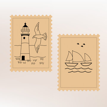 Vintage Lighthouse and Sailboat Postage Stamp Vector &mdash; Retro Nautical Line Art Illustration