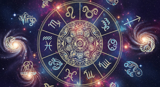 Astrological zodiac wheel with constellations and nebulae in cosmic space, representing the twelve signs of the zodiac