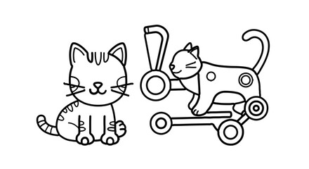 Fototapeta premium Cute cartoon cat sitting next to a toy cat on wheels
