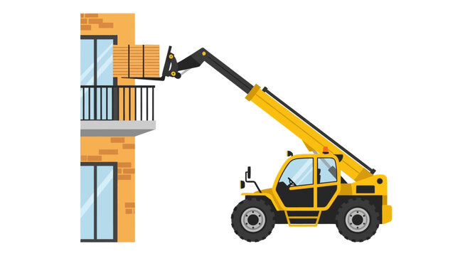 Yellow Telehandler Lifting Pallet of Materials to Building Balcony Vector Illustration