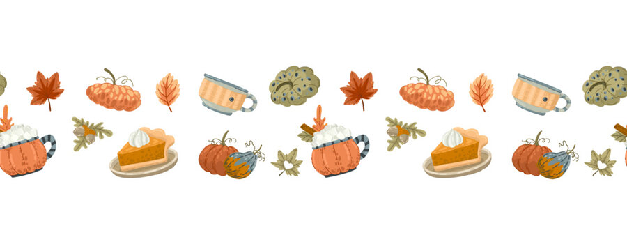Hand drawn autumn vector border with pumpkins, pie, marshmallow drink, leaves and cozy fall elements.