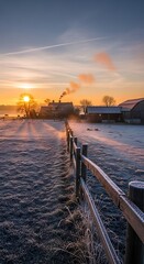 Fototapeta premium Rural landscape with morning sunlight and a wooden fence at sunrise