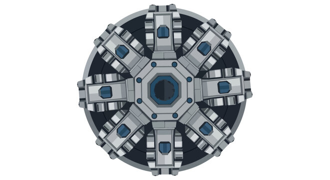 Futuristic Sci-Fi Radial Engine or Turbine Vector Illustration, Mechanical Part Top View Isolated on White
