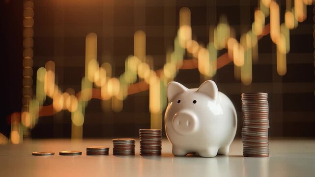 Cinematic close-up of a white piggy bank with stacked coins in ascending order, dynamic glowing stock market graph in background, symbolizing financial growth, savings, and investment