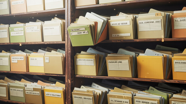 Shelves filled with old file folders and documents in a library or archive records