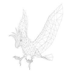 Wireframe parrot with spread wings in low polygonal style against clean white background, featuring wide alert eyes and slightly open beak for curious expression. © German Ovchinnikov