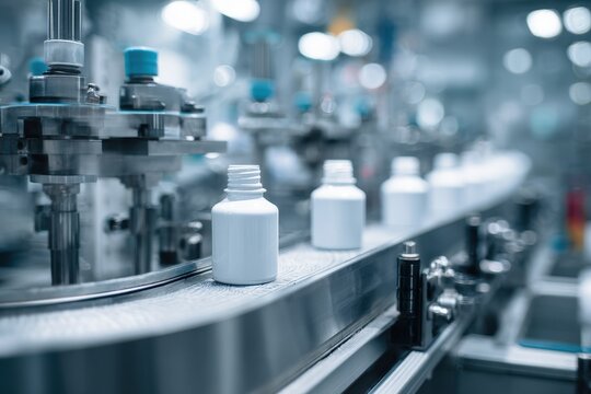 White plastic bottle on an automated cosmetic packaging line with capping and labeling machinery