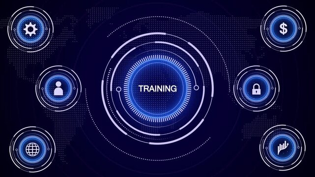 Futuristic digital interface with the word TRAINING in a glowing blue central circle surrounded by six circular representing global connection finance security and growth on a dark blue map