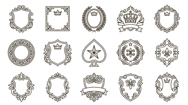 Collection of decorative heraldic crests and emblems with crowns and floral elements.