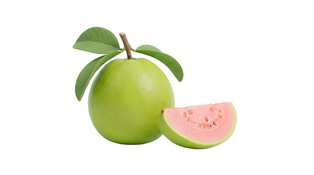Fresh green guava fruit with slice of pink pulp and leaves